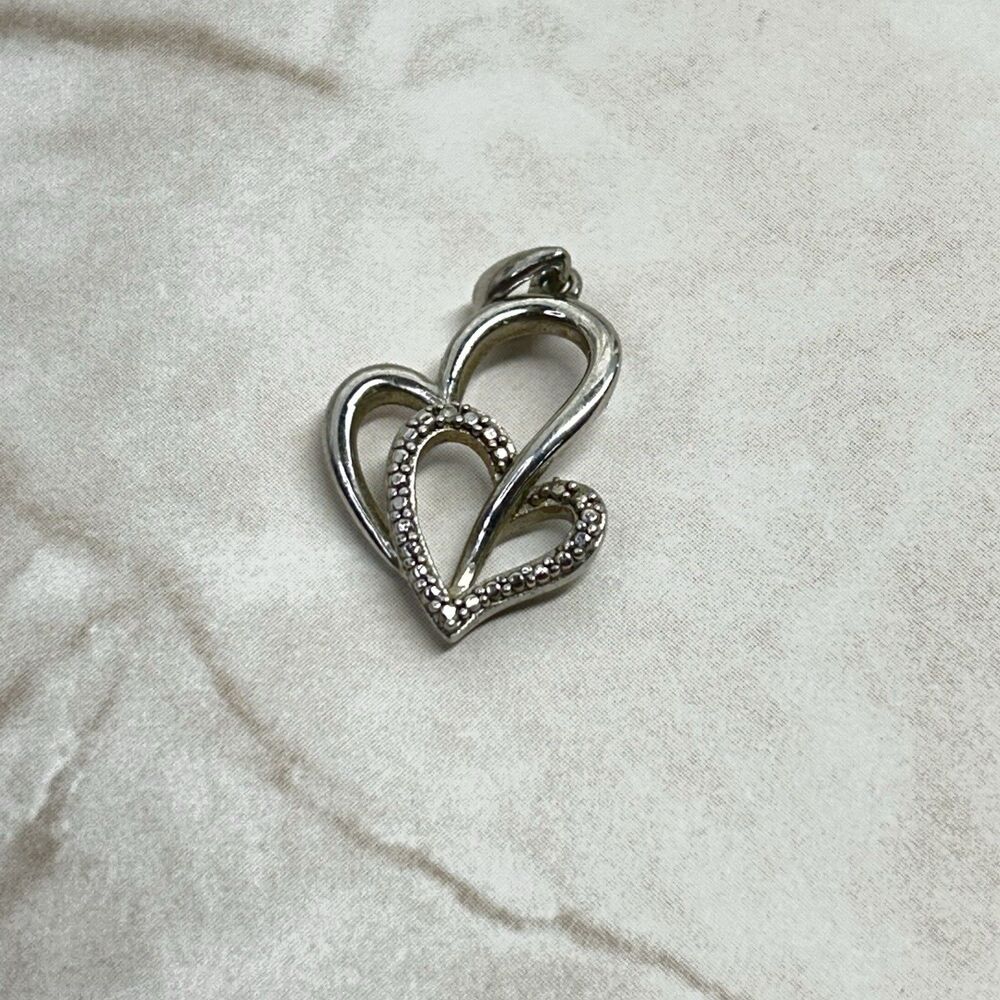 Signed SAI 925 Sterling Silver Diamond Accent Double Heart Pendant Charms